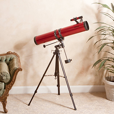 CARSON<sup>&reg;</sup> Red Planet 45x-100x Newtonian Reflector Telescope - View the Rings of Saturn, the Moons of Jupiter and much more with this Newtonian Reflector telescope. Features include large 114mm diameter reflecting mirror which captures plenty of light for crisp, bright, detailed images. Also includes a K20mm and K9mm eyepiece, high-quality, heavy duty aluminum tripod and a sturdy equatorial mount to counteract shaking and movements and setting circles which allow you to dial in coordinates to find specific stars and constellations.