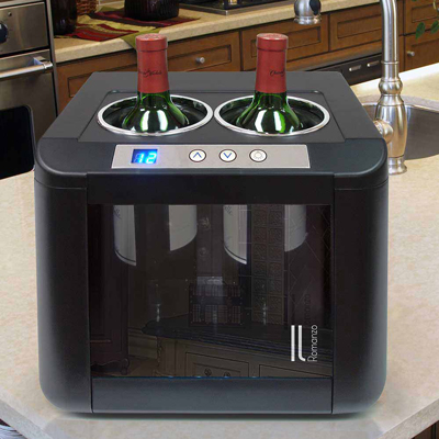ROMANZO<sup>&reg;</sup> 2 Bottle Thermoelectric Open Wine Cooler - Whether you’re entertaining and have bottles open for guests or you’re storing bottles for later use, the (2) Bottle Open Wine Cooler will keep your wine perfectly chilled. Thermoelectric technology allows this cooler to operate quietly and with very little vibration. A digital control panel allows you to adjust the temperature easily for either red or white wine.