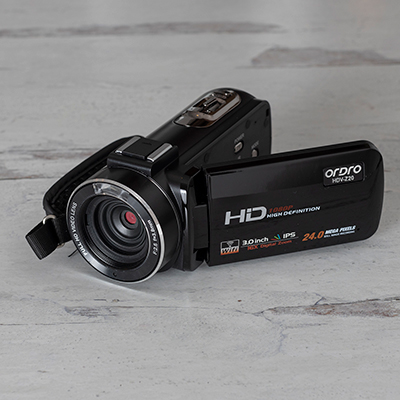 ORDRO<sup>&reg;</sup> Digital Video Camcorder - This sleek and compact camcorder allows you to record and share the moment. Features 16x digital zoom, 24MP HD photography, full HD 8MP CMOS sensor, WiFi connection, external microphone, external hot shoe, HDMI output, and 3.0-inch LCD touch screen.